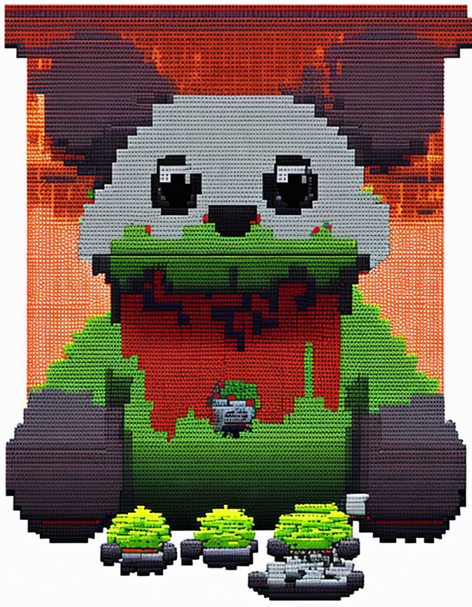 Gray Cartoonish Monster with Big Eyes and Red Mouth Pixel Art Behind Two Tanks