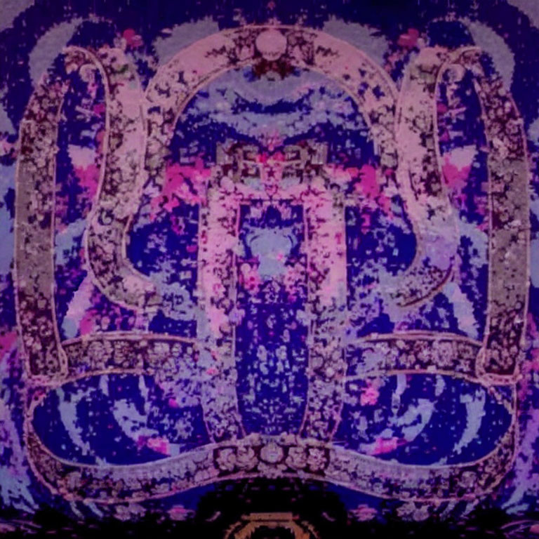 Symmetrical Abstract Image with Arch-like Design in Purple, Pink, and Blue Hues