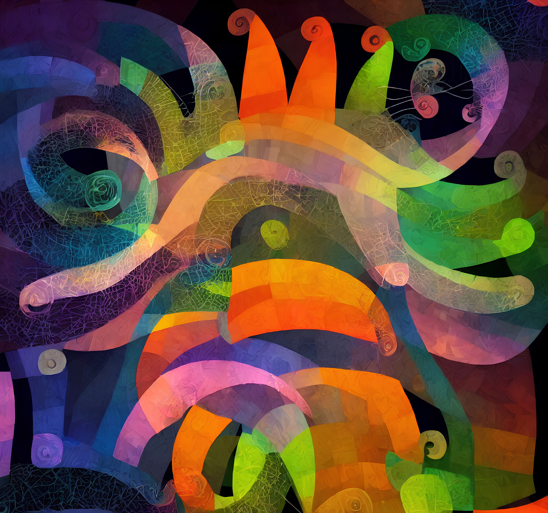 Vibrant Abstract Artwork with Swirling Patterns and Colorful Shapes