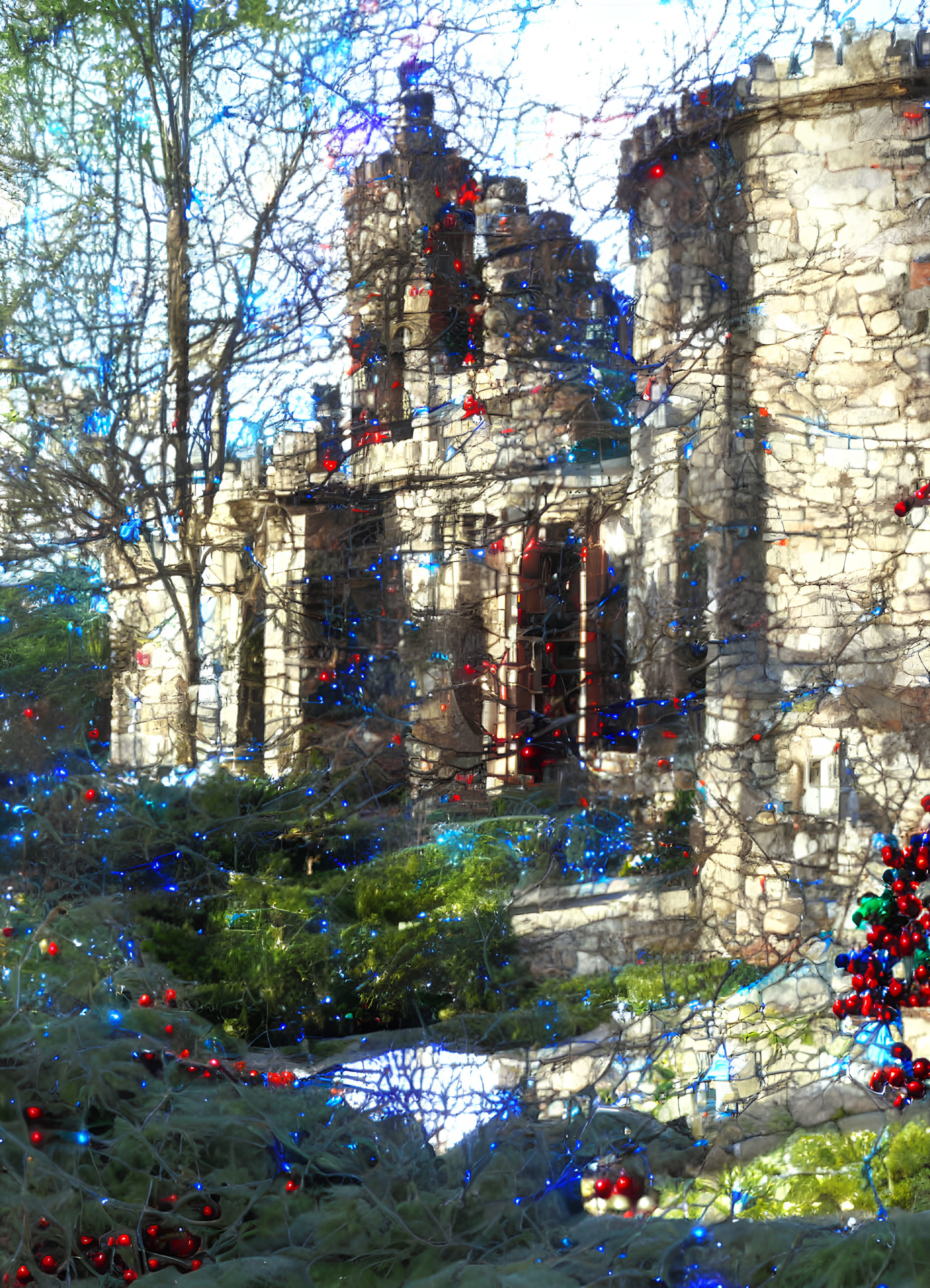 Historic stone building with festive lights and bare tree branches against clear blue sky