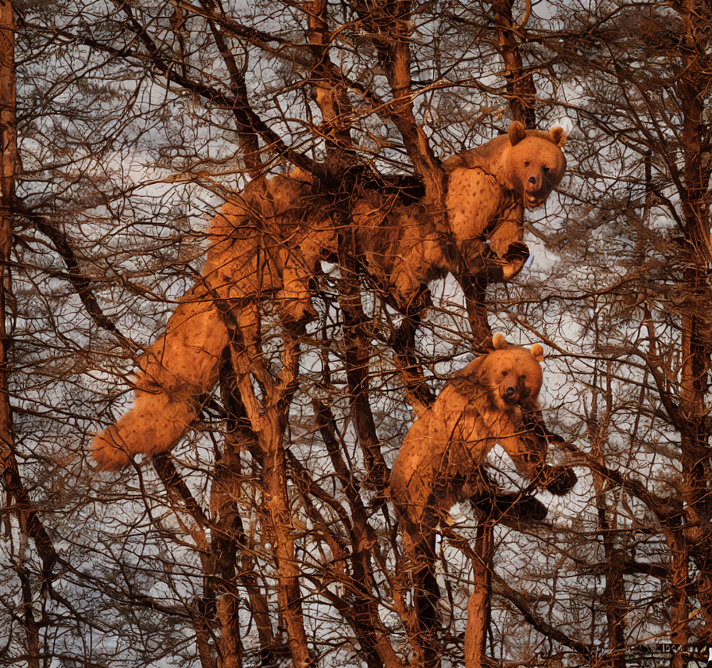 Brown bears climbing leafless tree branches at sunset