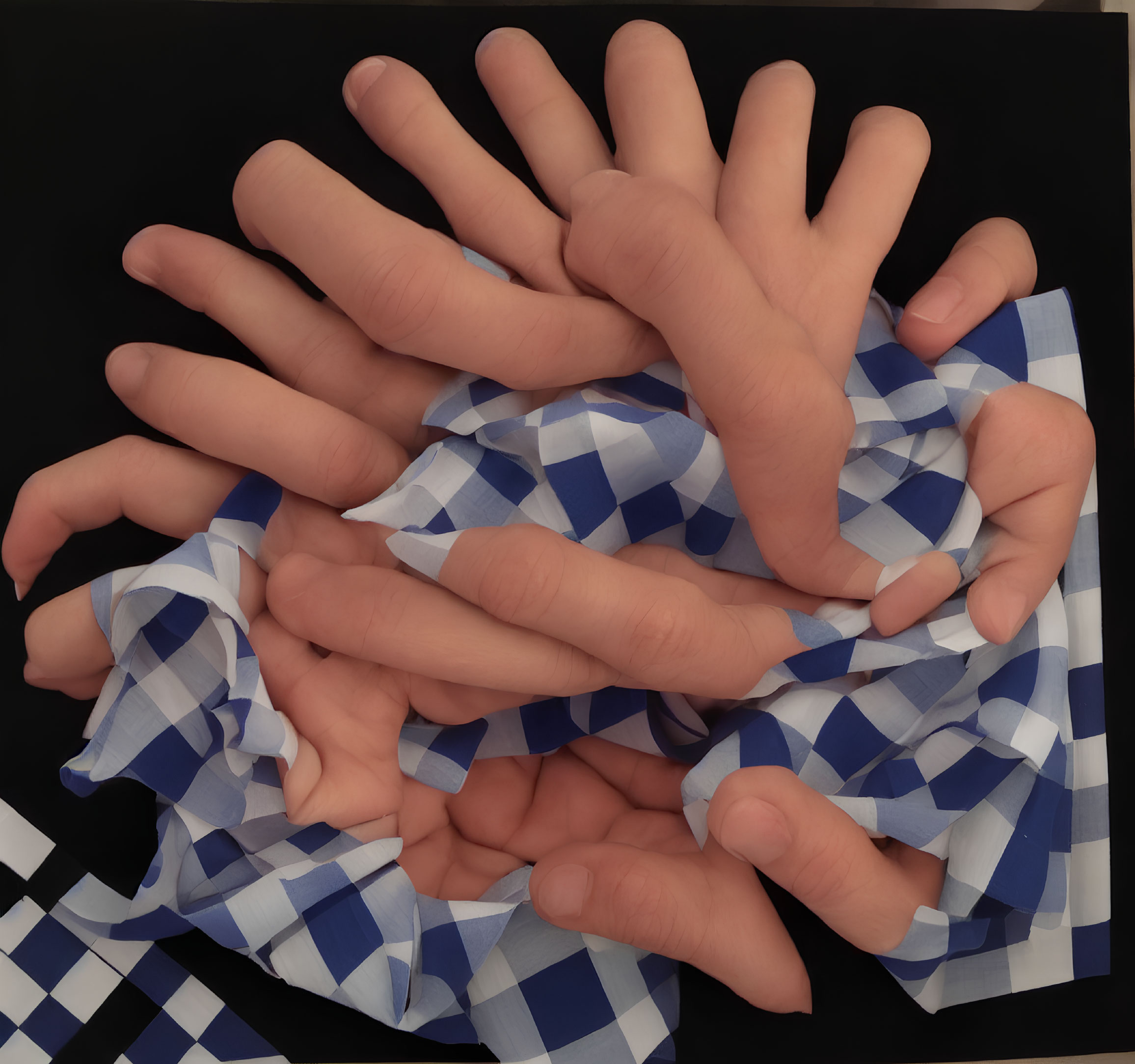 Interwoven human hands with checkered cloth on dark background