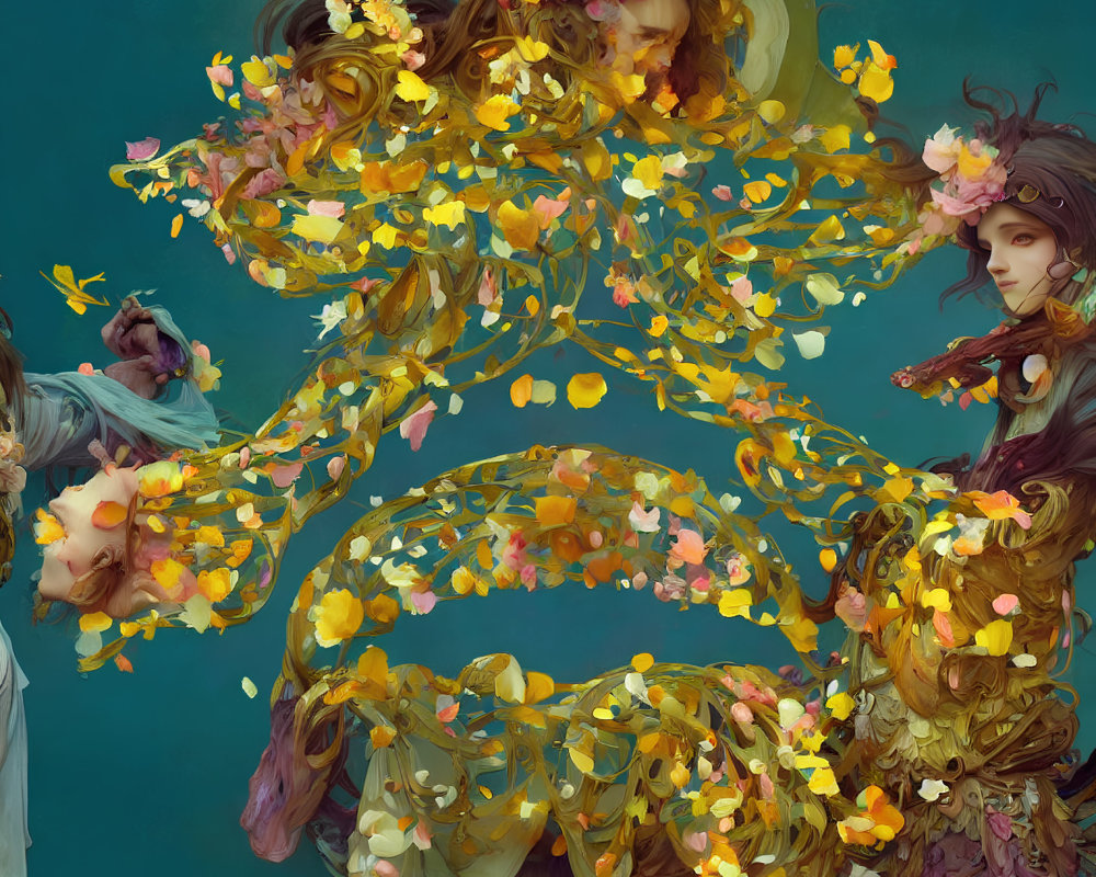 Two women in swirling floral designs on teal background, autumnal leaves and vibrant flowers blend in ethereal