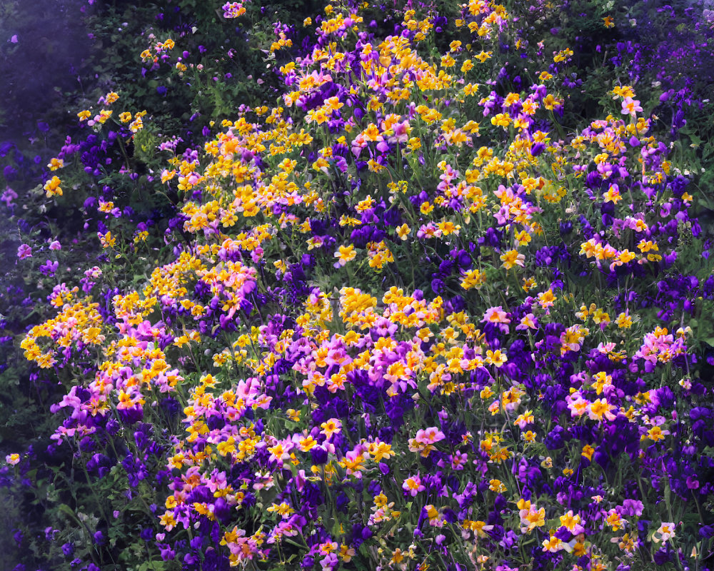 Colorful Purple and Yellow Flower Garden in Spring