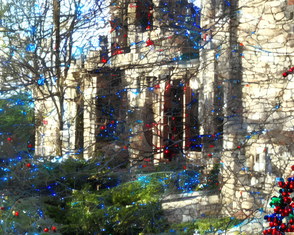 Historic stone building with festive lights and bare tree branches against clear blue sky