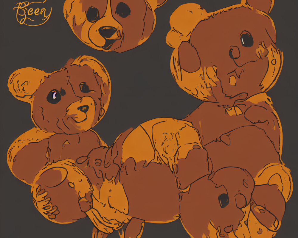 Stylized honey golden teddy bears illustration with artist's signature