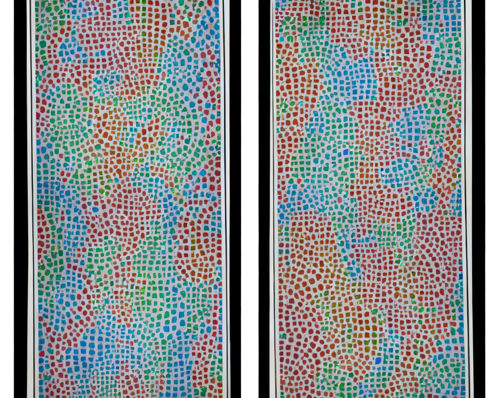 Abstract Dot Pattern Prints in Blue, Green, and Red on White Background