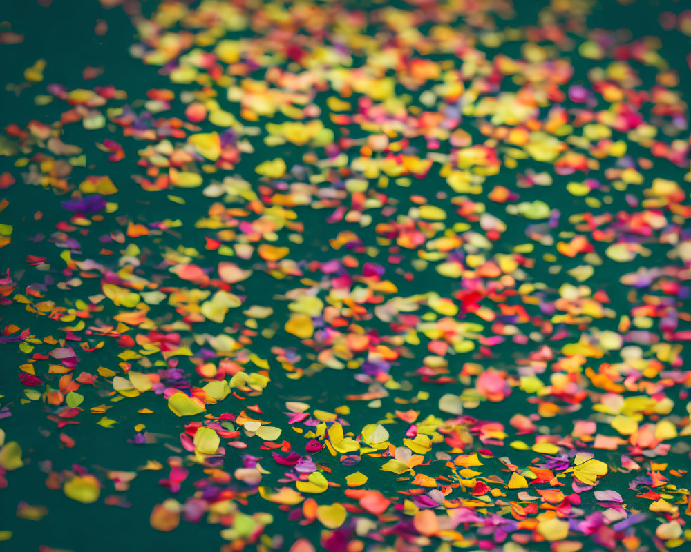 Colorful confetti on dark water surface creates festive pattern