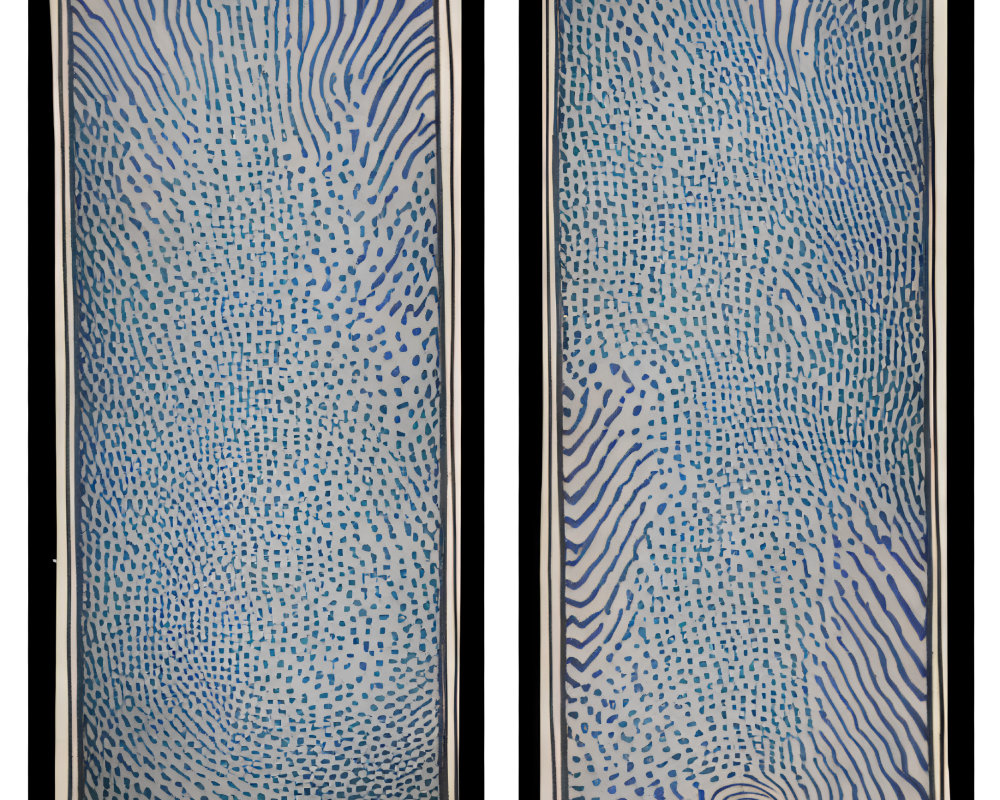 Abstract Blue Dot Pattern Panels with Wavy Lines on Dark Background