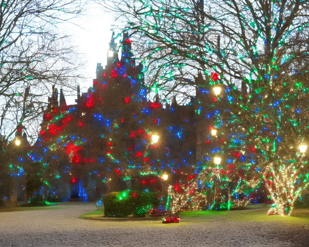 Twilight park with holiday lights and gothic building silhouette