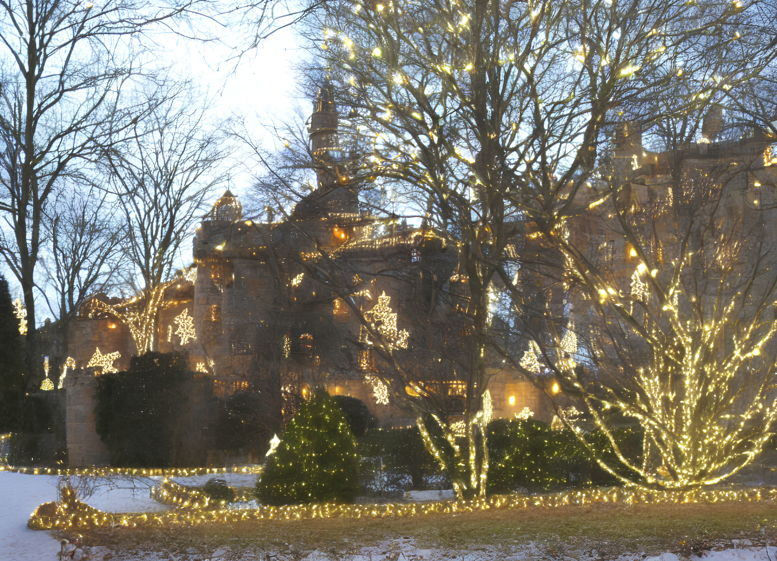 Historic building with holiday lights and snow-covered trees at dusk