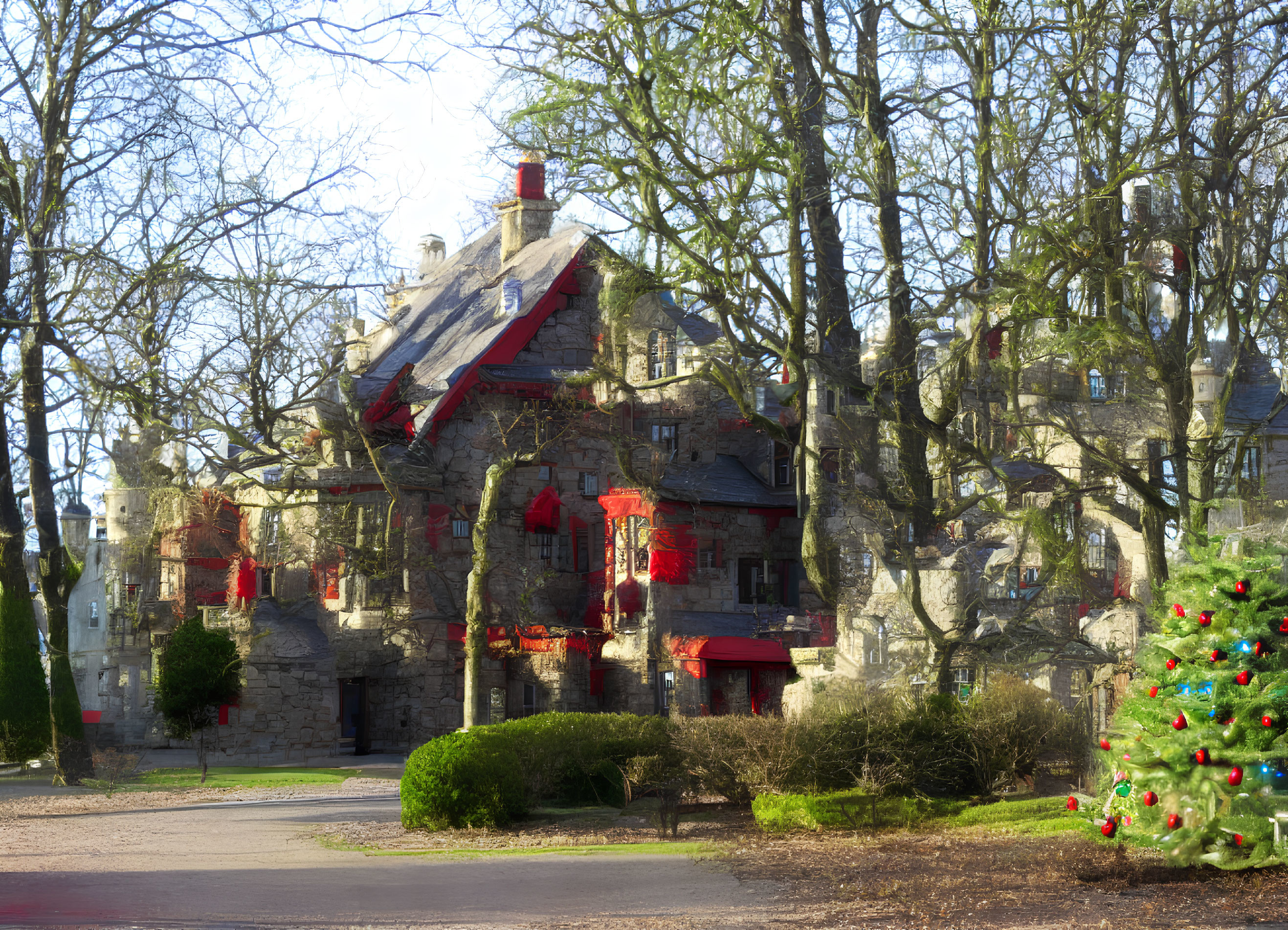 Stone building with red-trimmed windows and Christmas tree in foreground