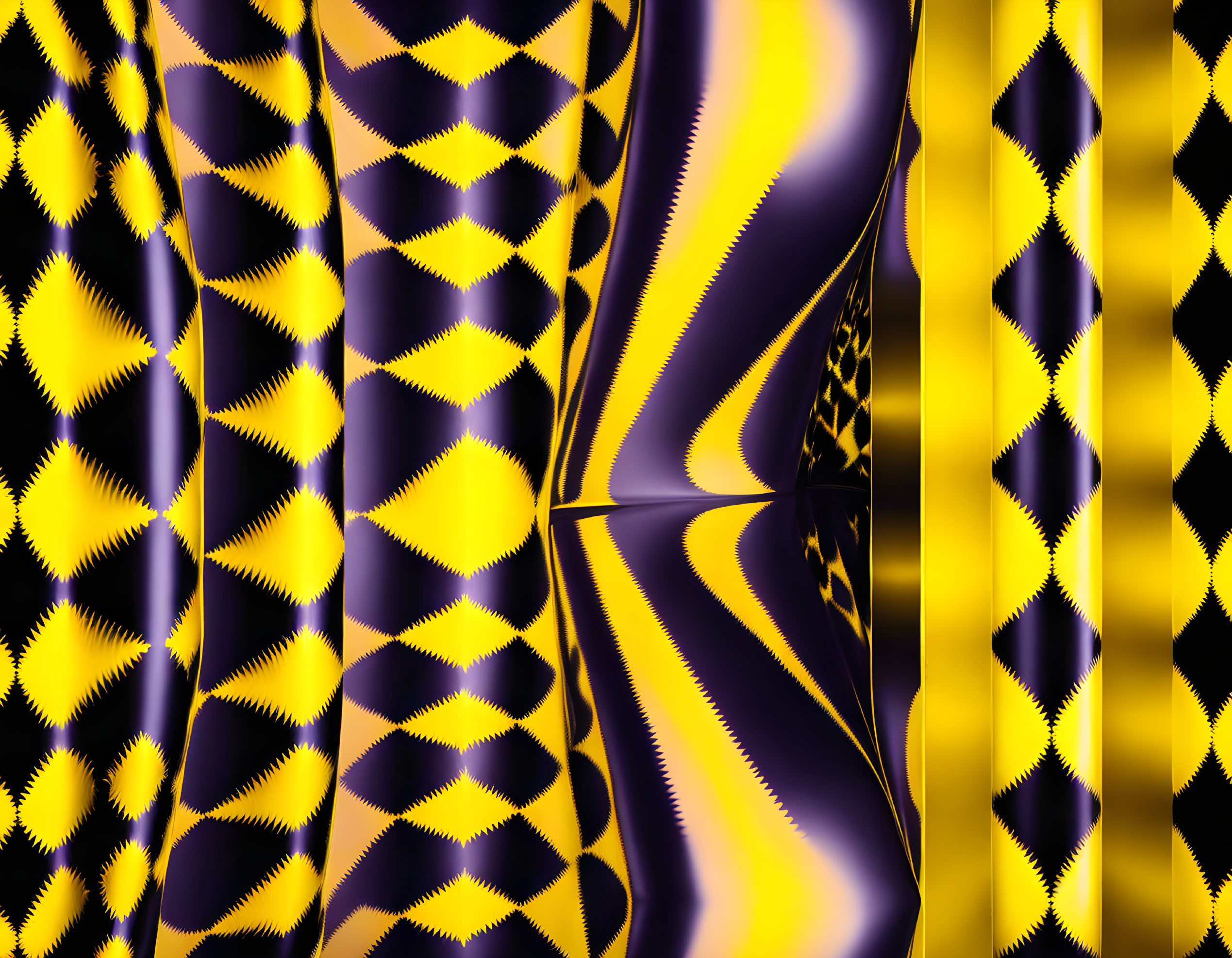 Vibrant digital art: wavy purple and yellow patterns with geometric designs