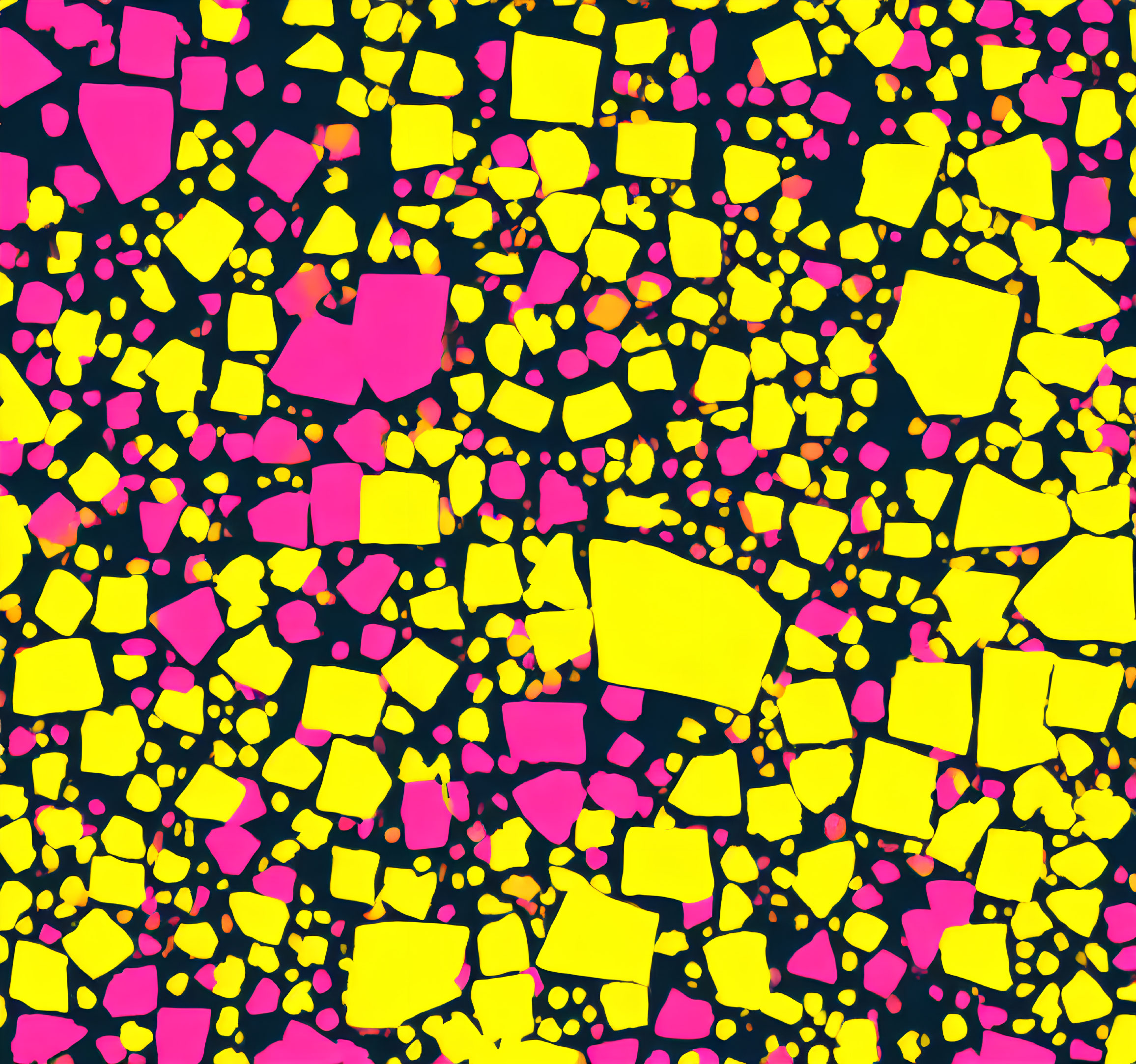 Neon yellow and pink irregular shapes on dark background.