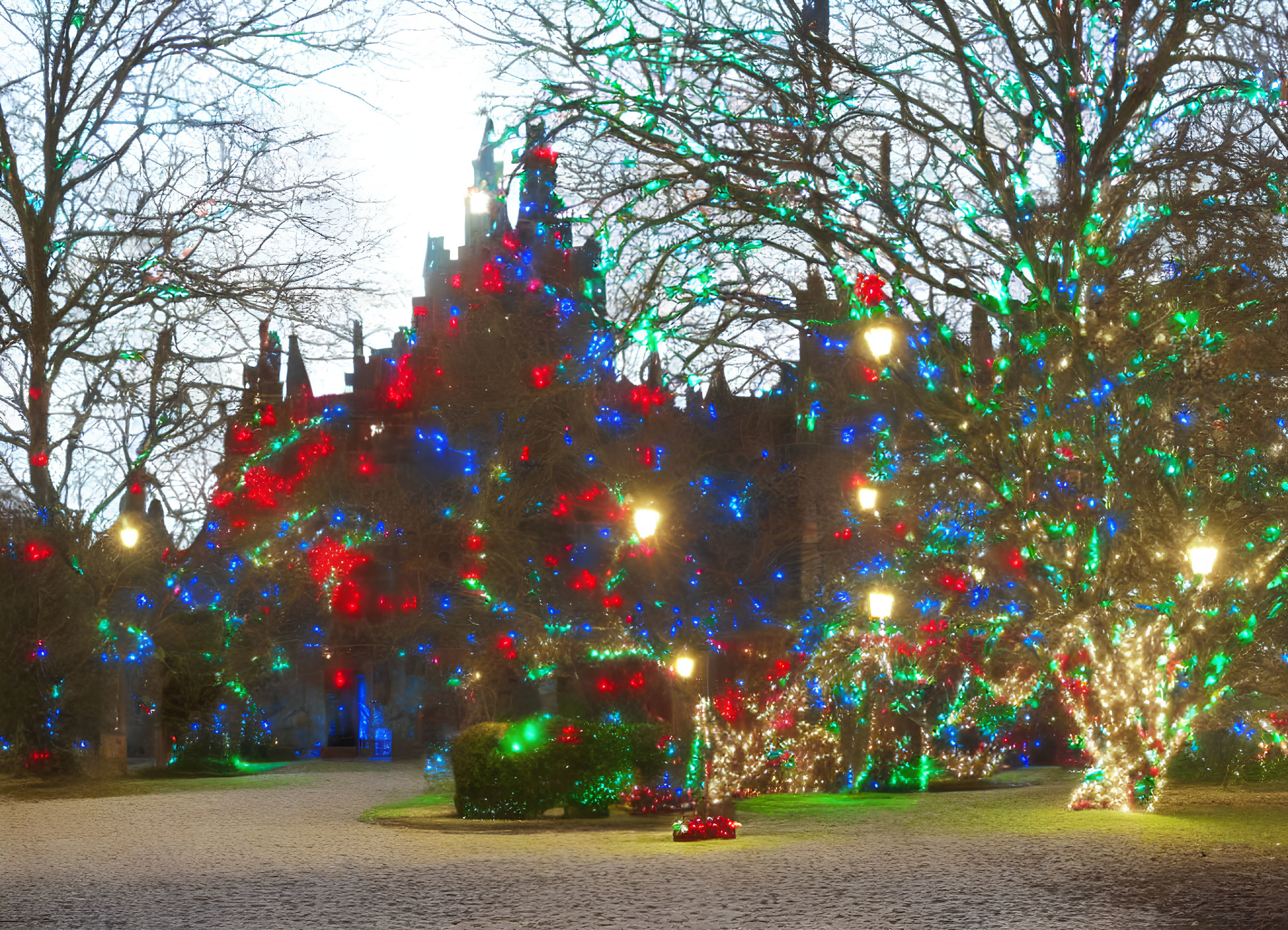 Twilight park with holiday lights and gothic building silhouette