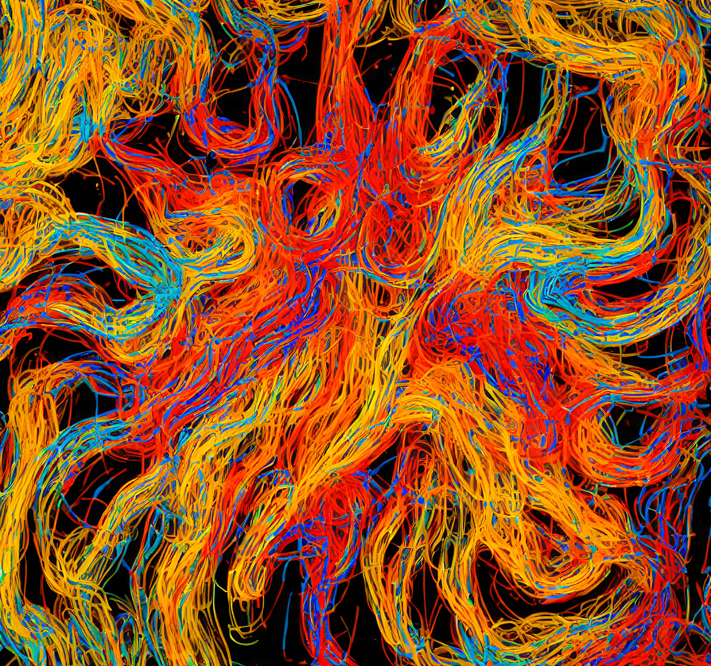 Colorful Abstract Artwork with Swirling Lines on Dark Background