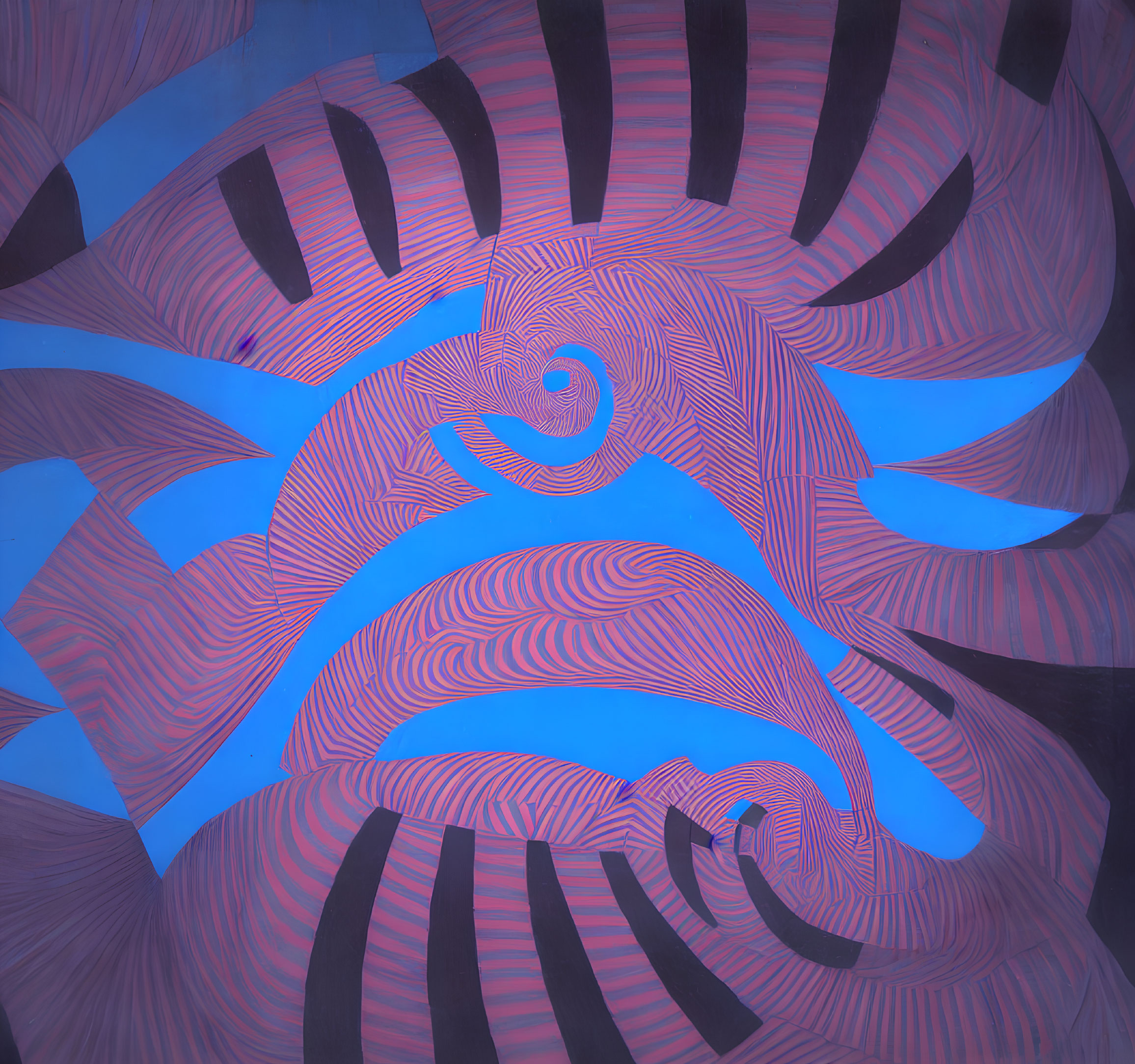 Abstract mural with spiral center and wave-like patterns in pink and blue