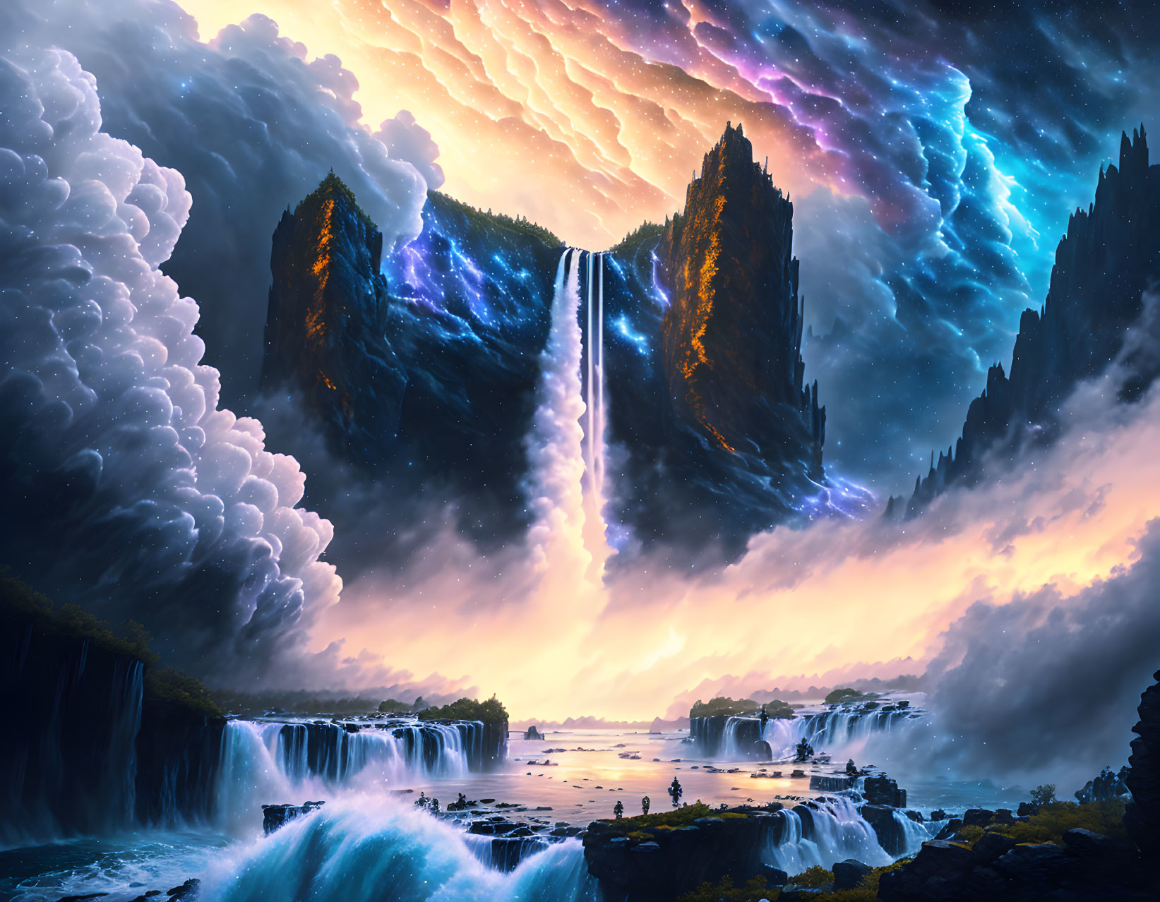 Fantasy landscape with vibrant skies and waterfalls in serene river