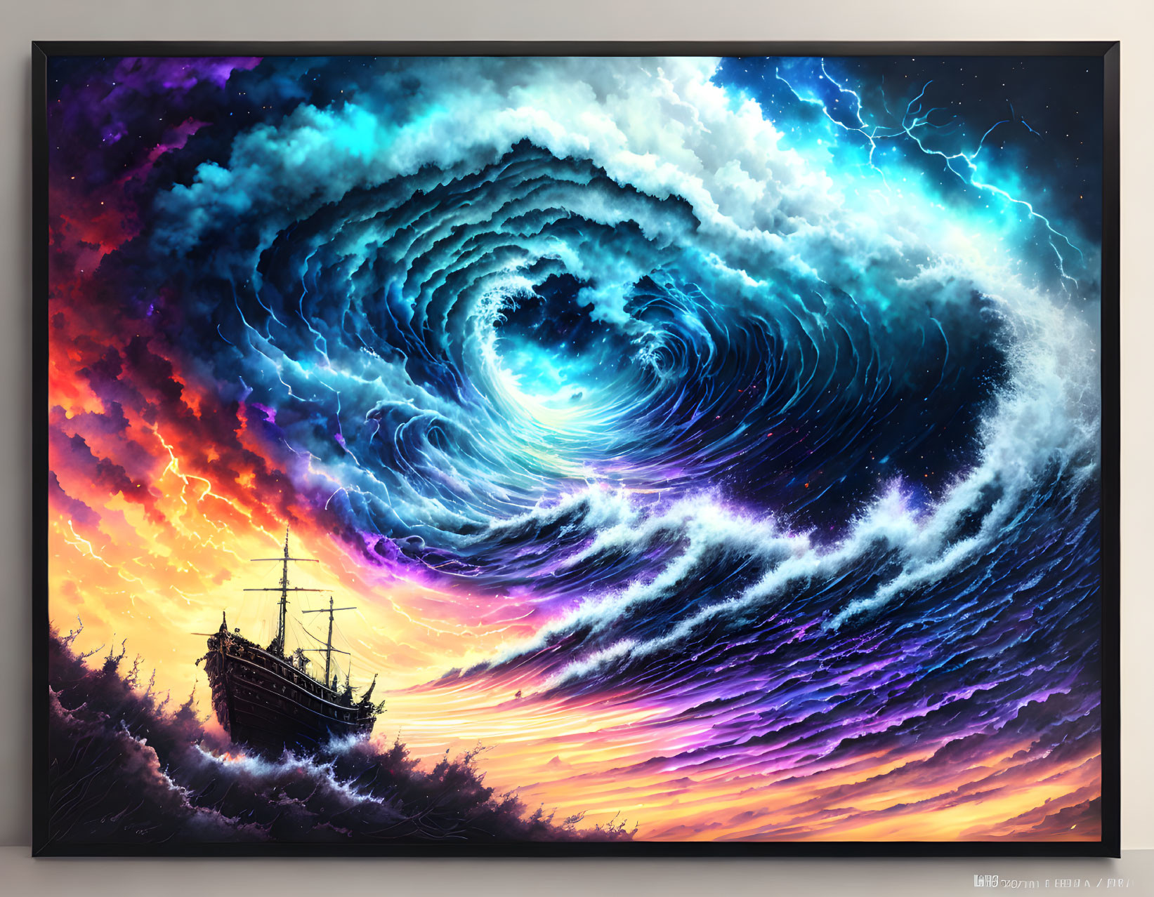 Colorful digital artwork: Ship sailing in cosmic clouds with blues, purples, oranges.