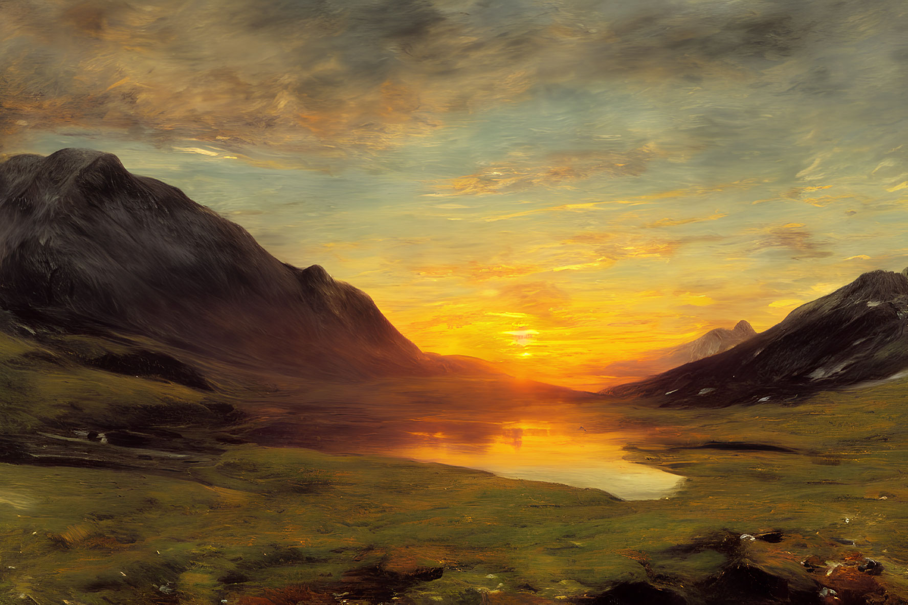 Scenic landscape painting of sunset over mountain lake