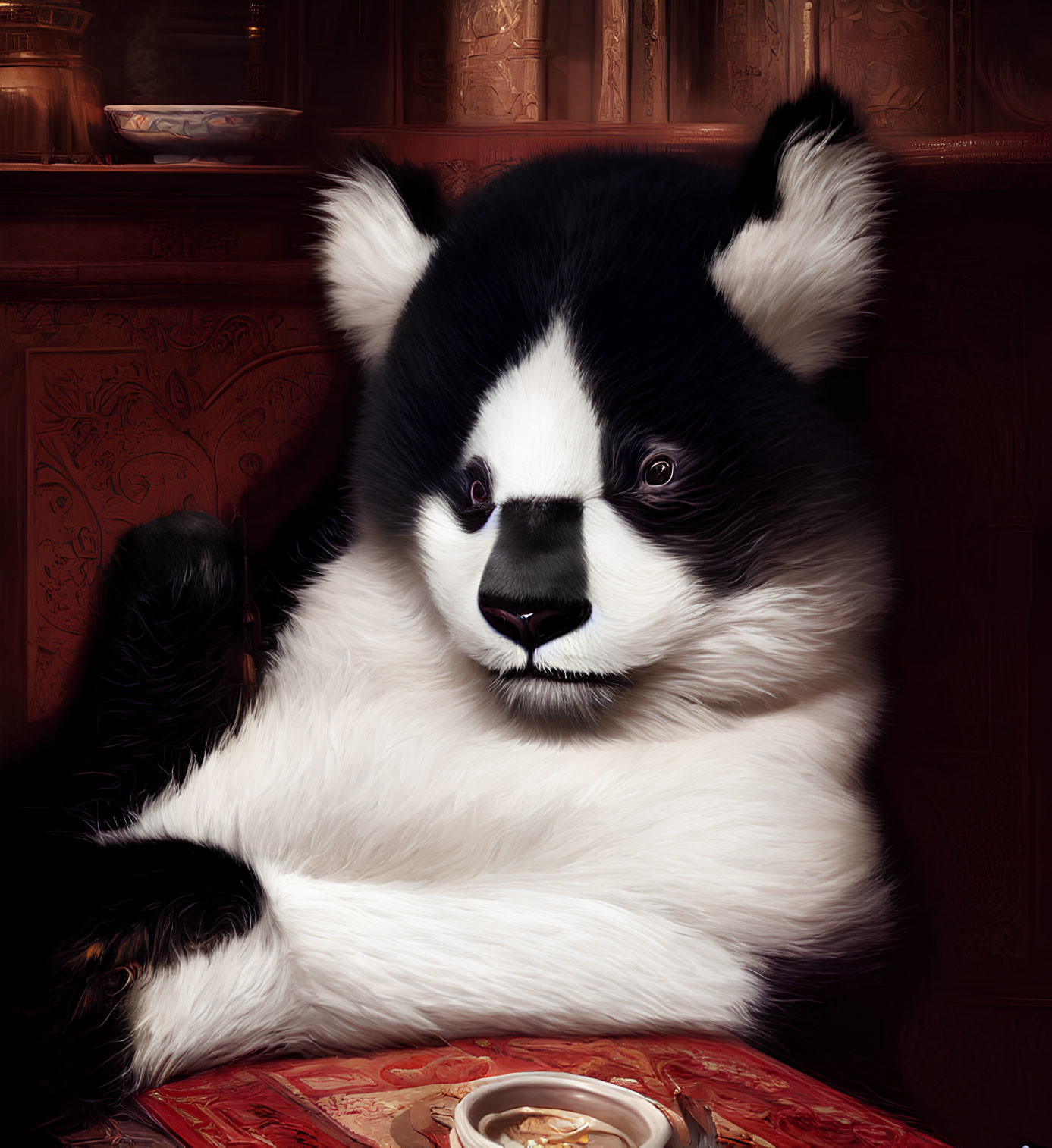 Regal panda with human-like features in classic interior setting.