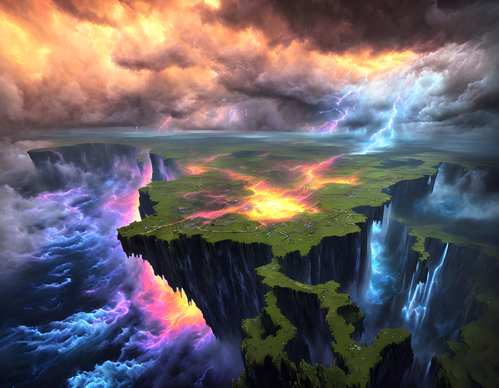 Fantastical landscape with floating islands and dramatic sky