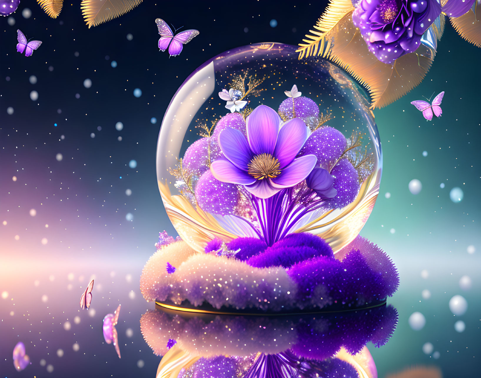 Vibrant purple flower in crystal ball with moss, glitter, butterflies