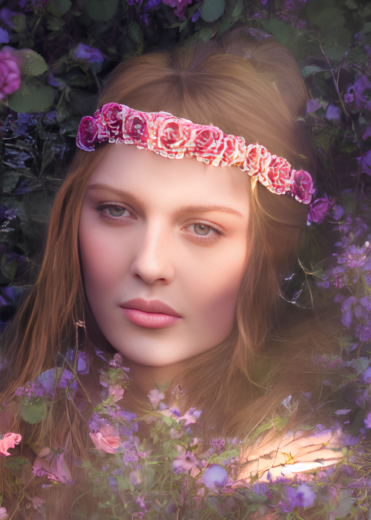 Serene woman with floral headband among purple flowers