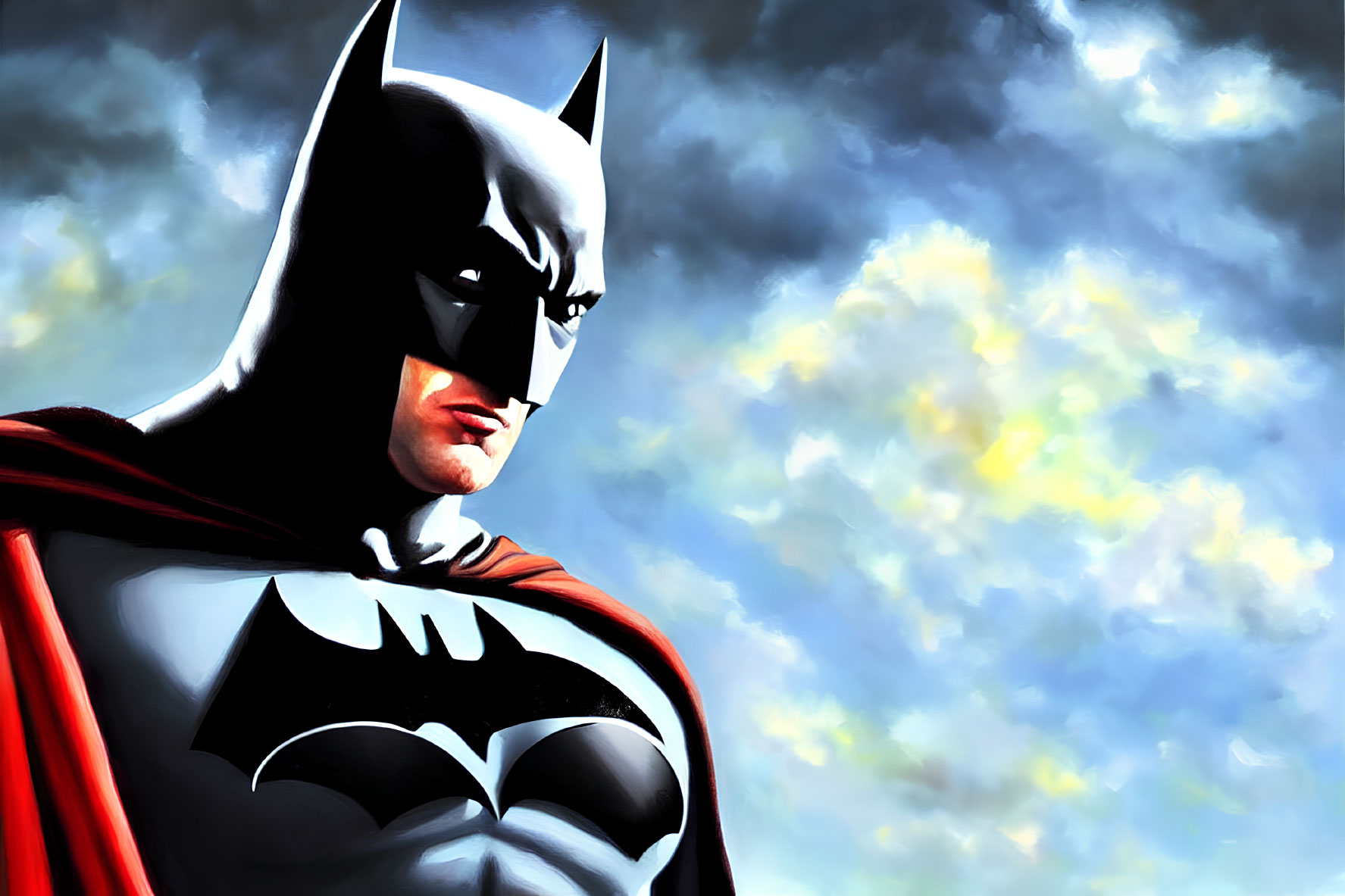 Brooding Batman in black and gray costume under dramatic sky