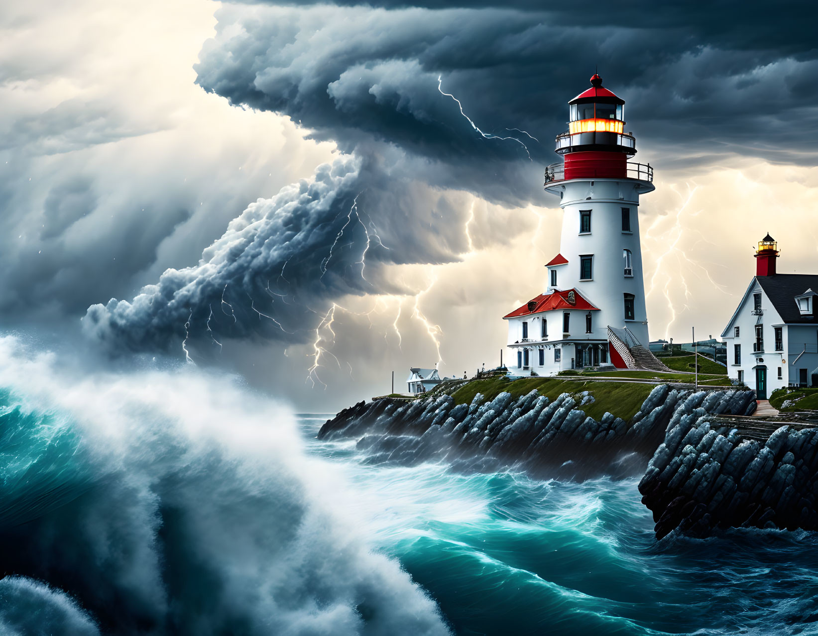 Dramatic lighthouse scene with thunderclouds and lightning