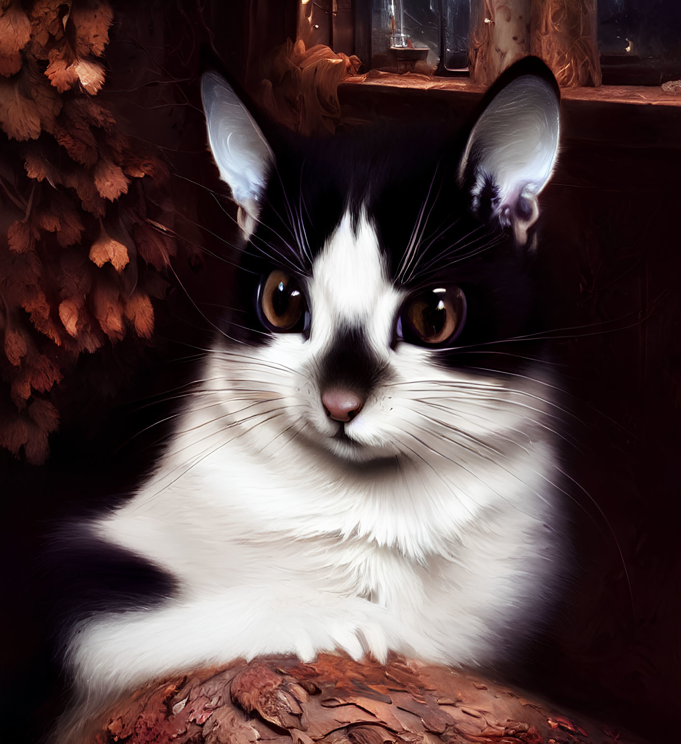 Black and White Cat with Brown Eyes and Fluffy Coat Among Autumn Leaves