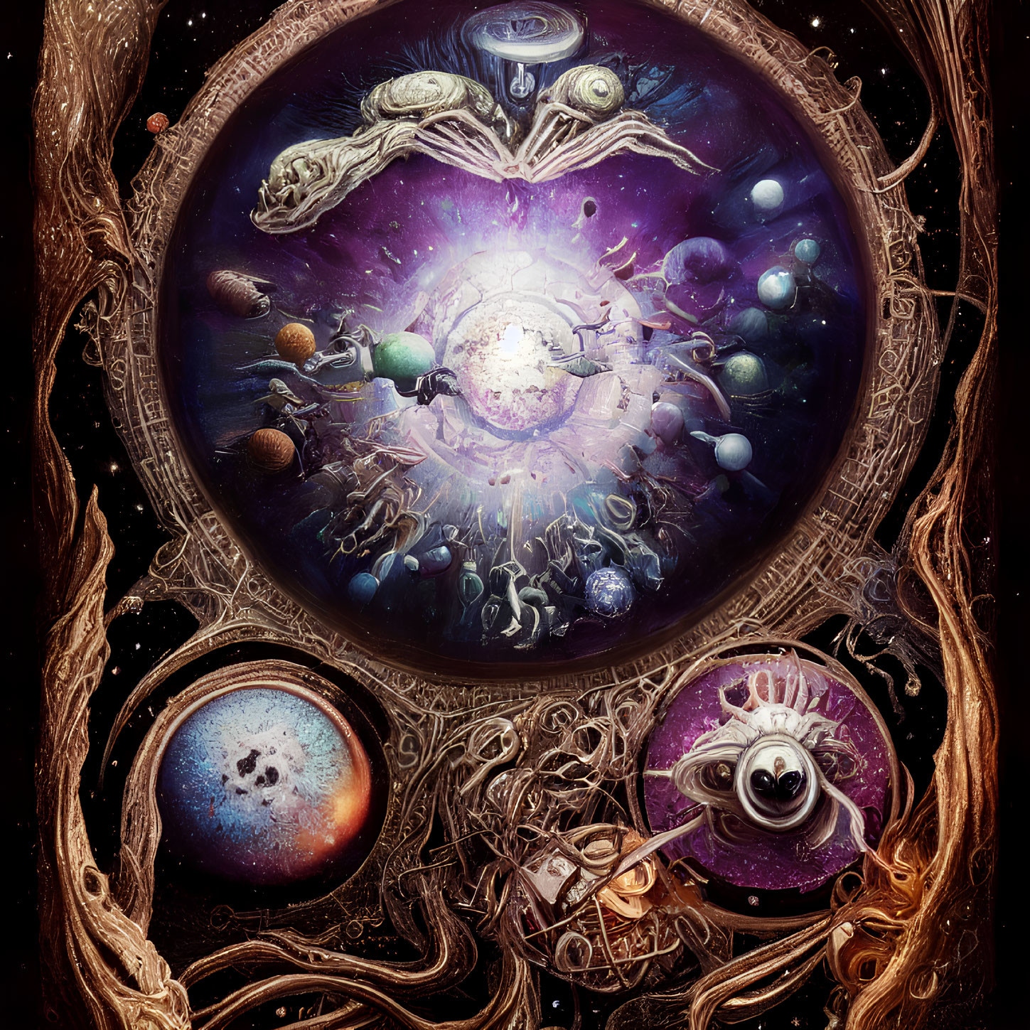 Colorful cosmic illustration with central galaxy, planets, ornate borders, eye motifs, and whimsical