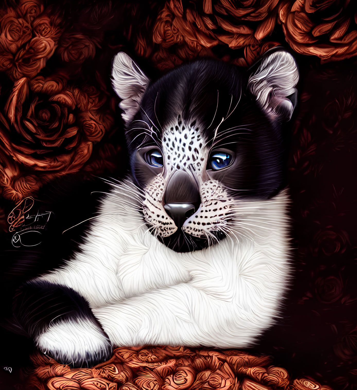 Stylized digital artwork of a baby panther with blue eyes on dark floral background