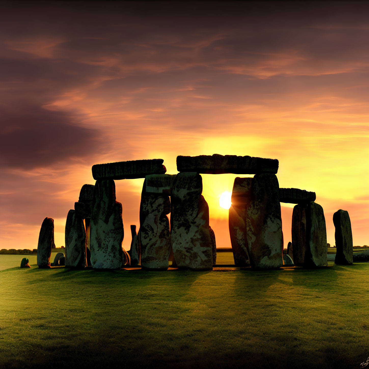 Stonehenge silhouetted against vivid orange sunset sky