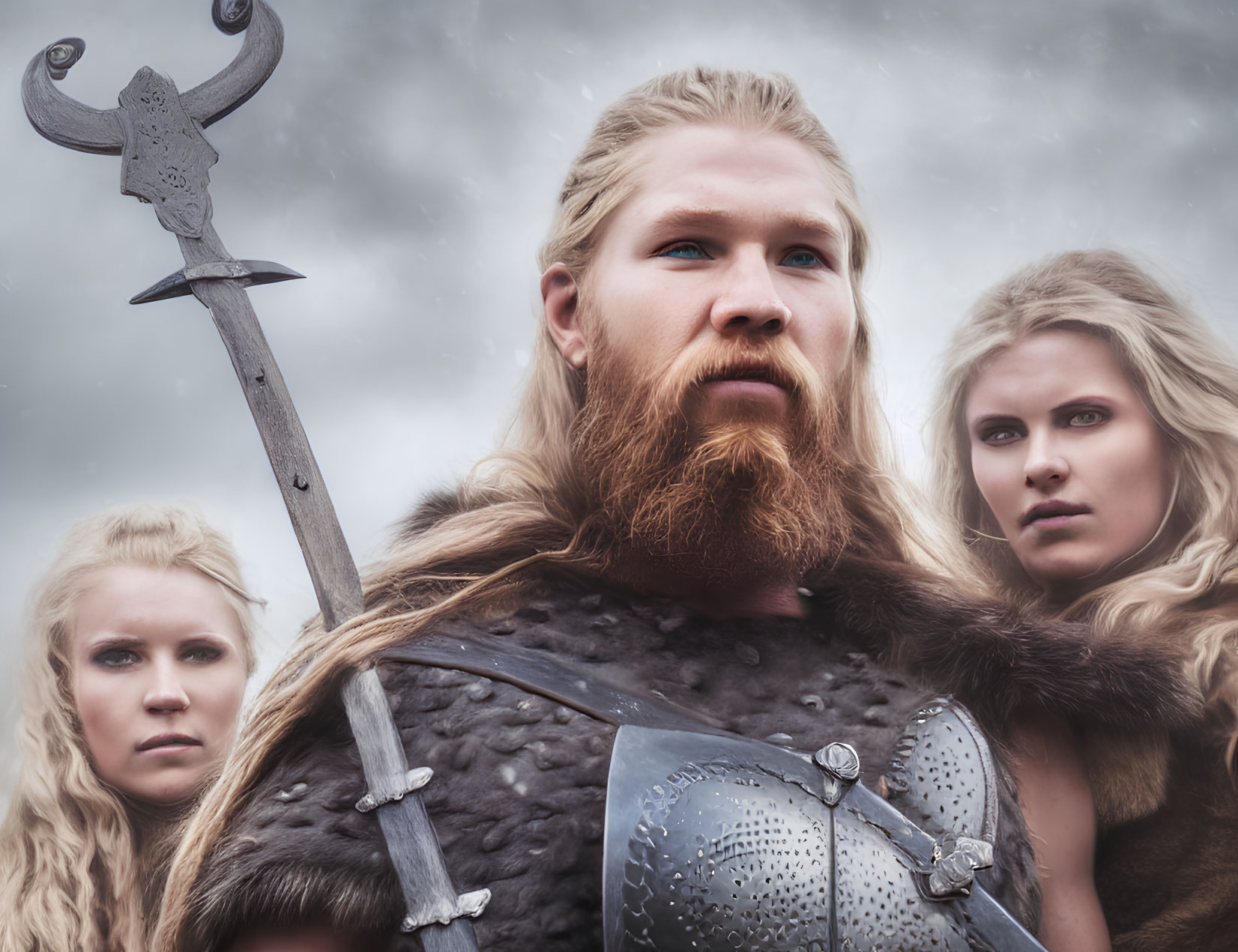 Three people in Viking costumes under cloudy sky, man with beard holding axe.