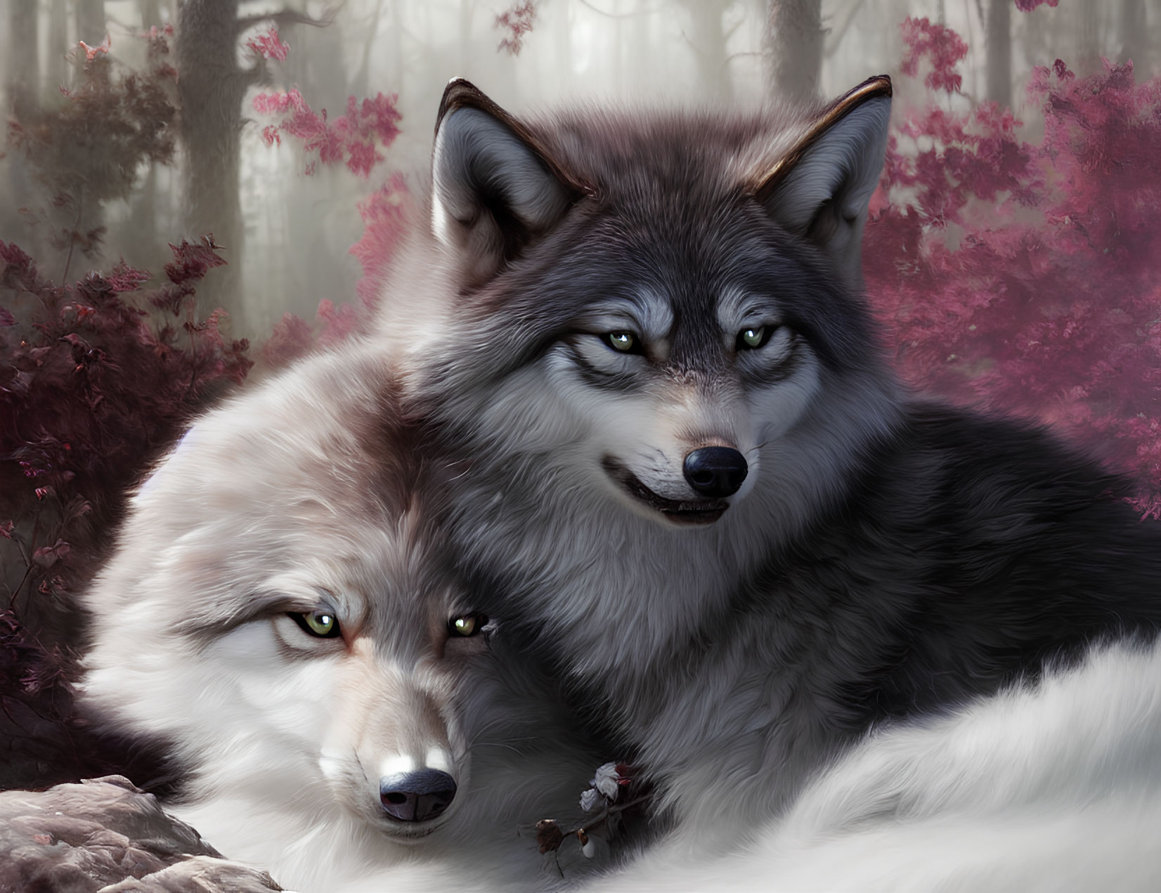 Realistic anthropomorphic wolves in pink flowering trees