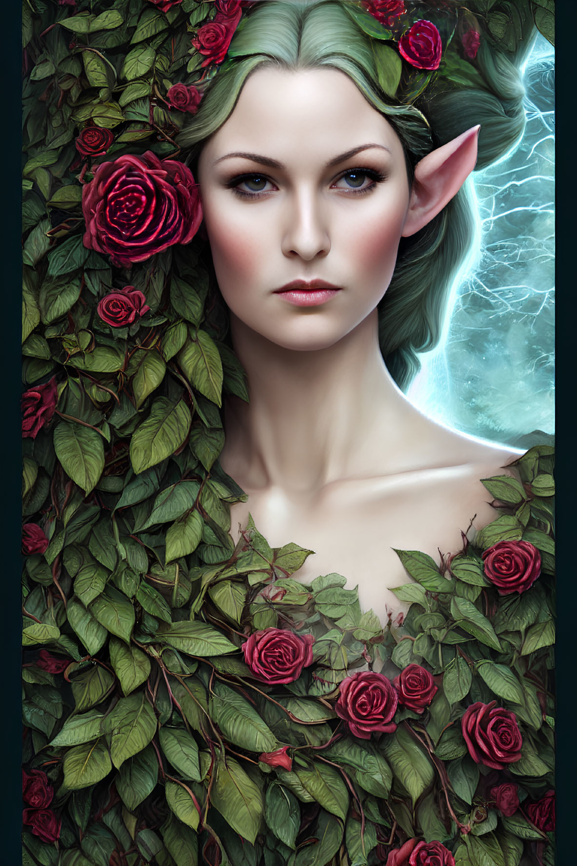 Fantasy portrait of woman with elf ears among red roses and green leaves