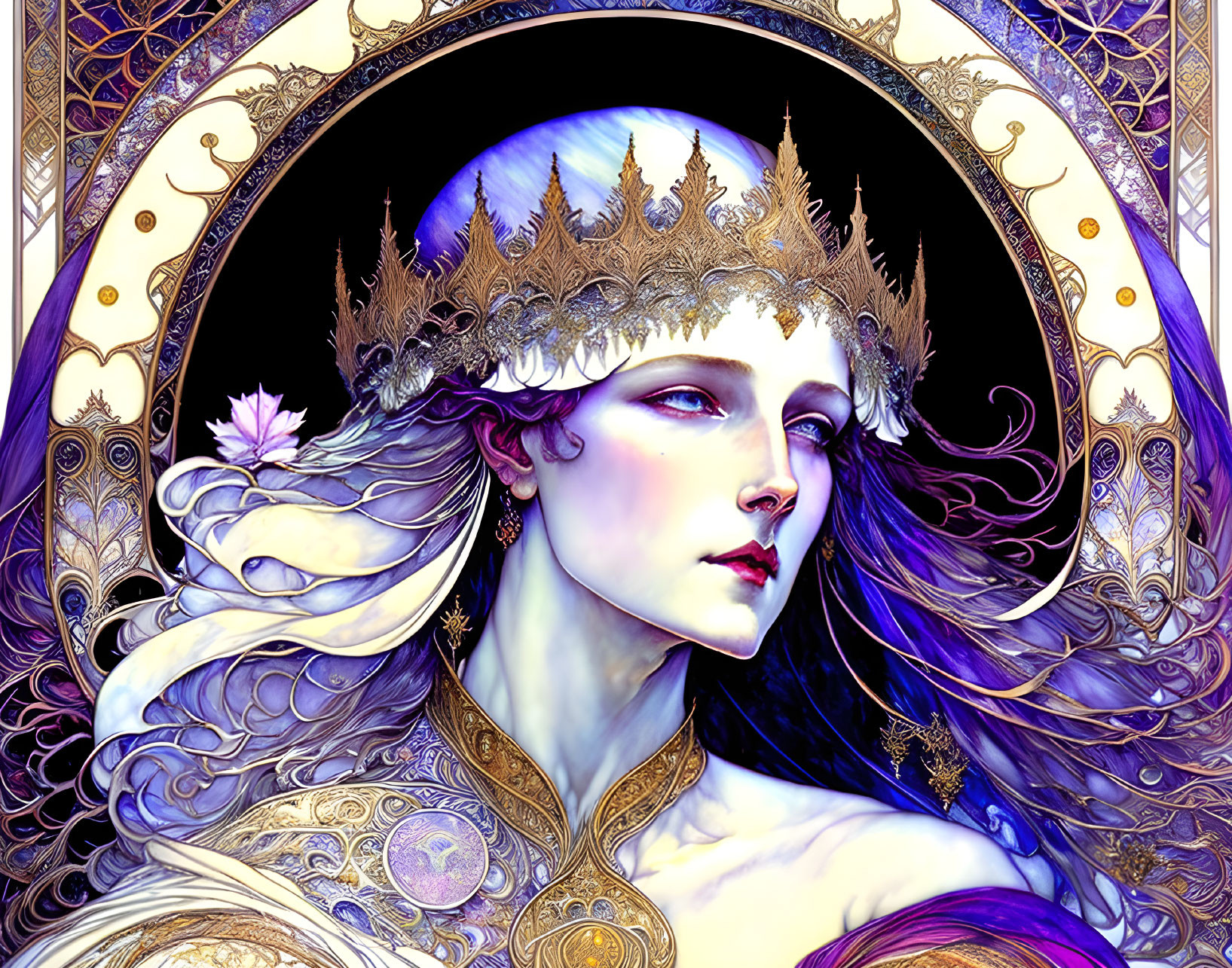 Regal woman with golden crown in Art Nouveau setting