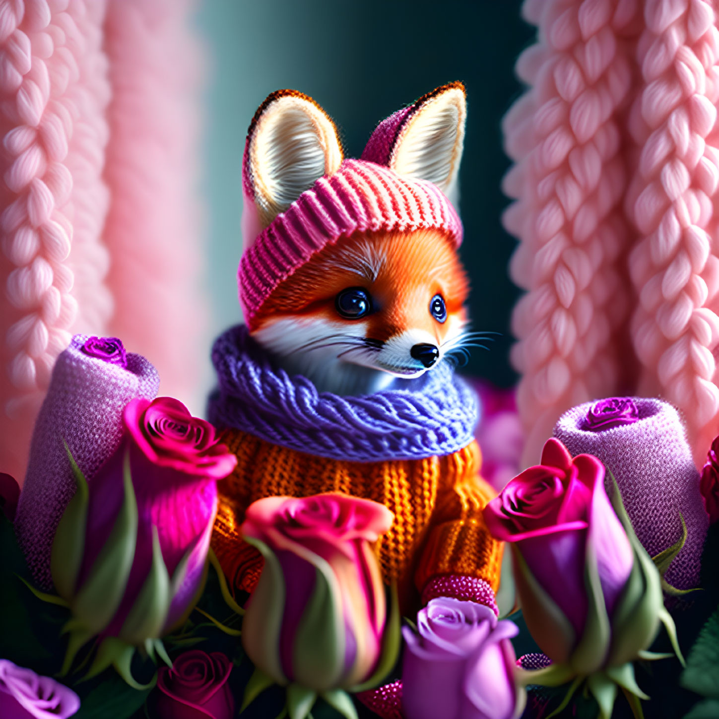 Illustration of a fox in pink hat and sweater among purple roses