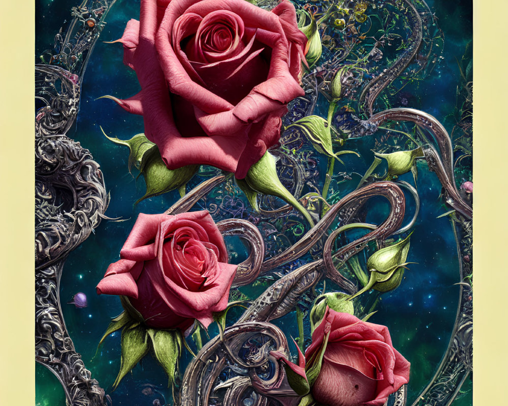 Digital artwork: Three red roses with metallic scrollwork on cosmic background