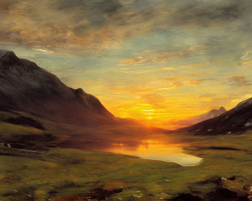 Scenic landscape painting of sunset over mountain lake