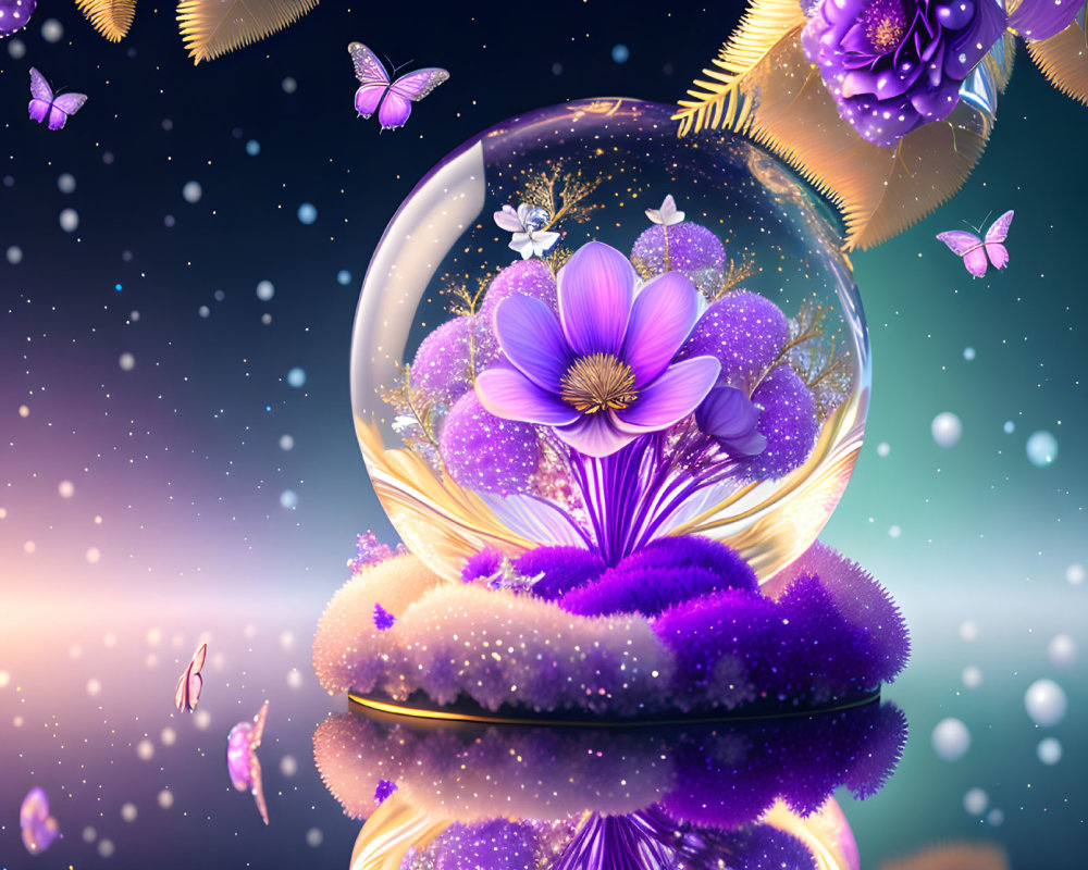 Vibrant purple flower in crystal ball with moss, glitter, butterflies