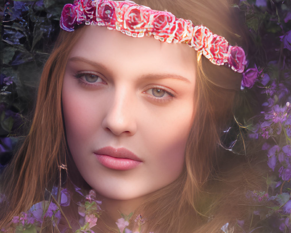 Serene woman with floral headband among purple flowers