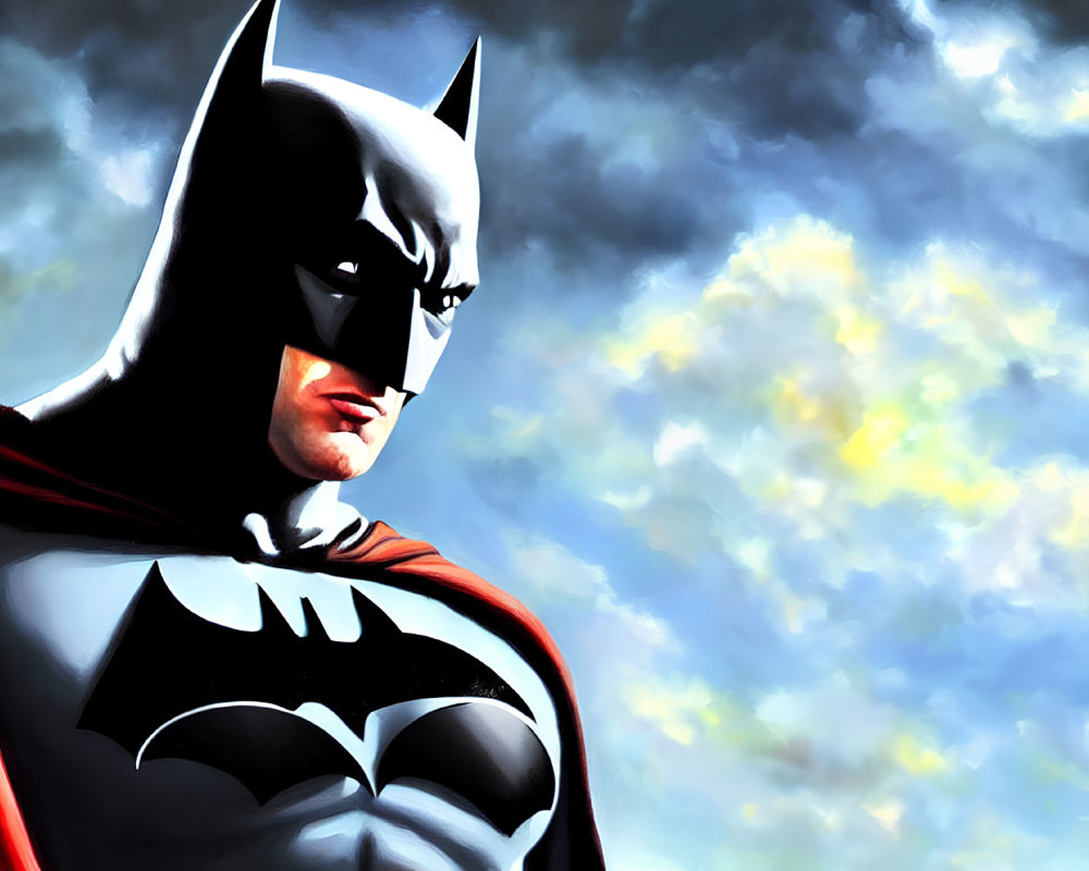 Brooding Batman in black and gray costume under dramatic sky