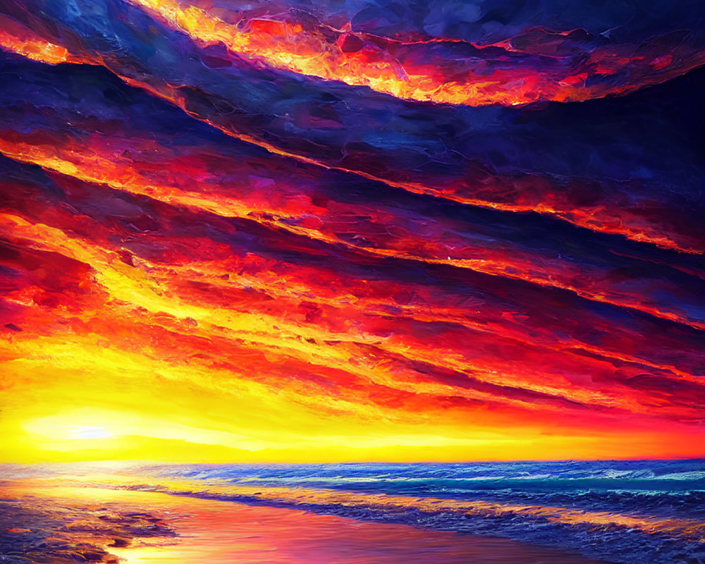 Vivid digital painting: Sunset with red and orange clouds reflected on ocean