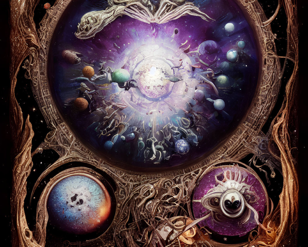 Colorful cosmic illustration with central galaxy, planets, ornate borders, eye motifs, and whimsical