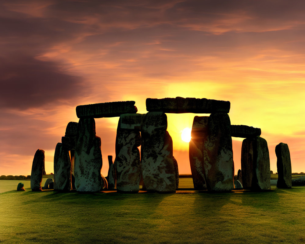 Stonehenge silhouetted against vivid orange sunset sky