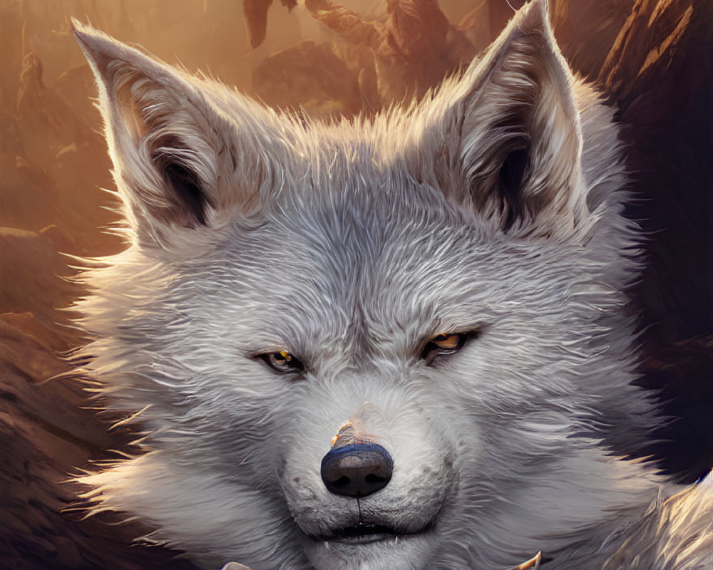 White wolf with yellow eyes in rocky landscape with shadowy figure