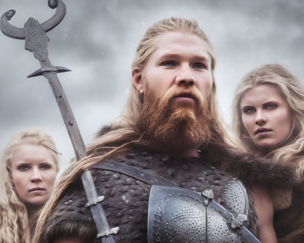 Three people in Viking costumes under cloudy sky, man with beard holding axe.