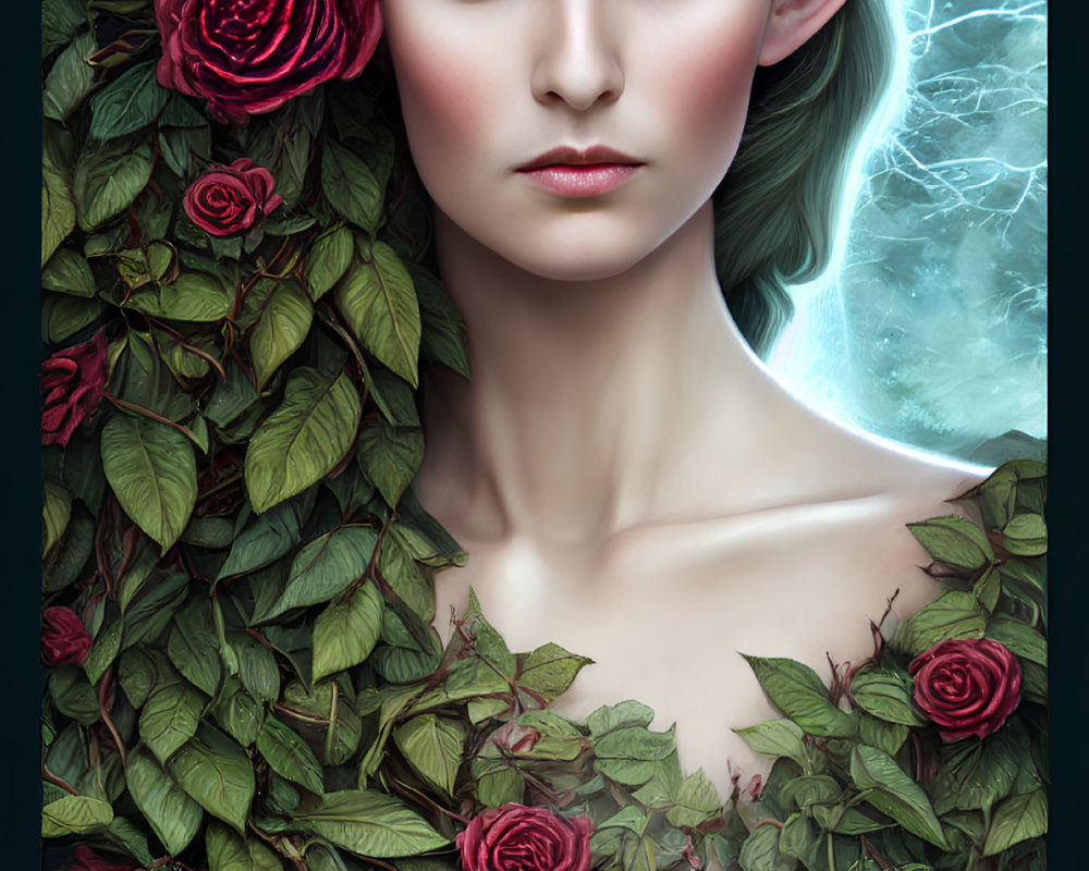 Fantasy portrait of woman with elf ears among red roses and green leaves